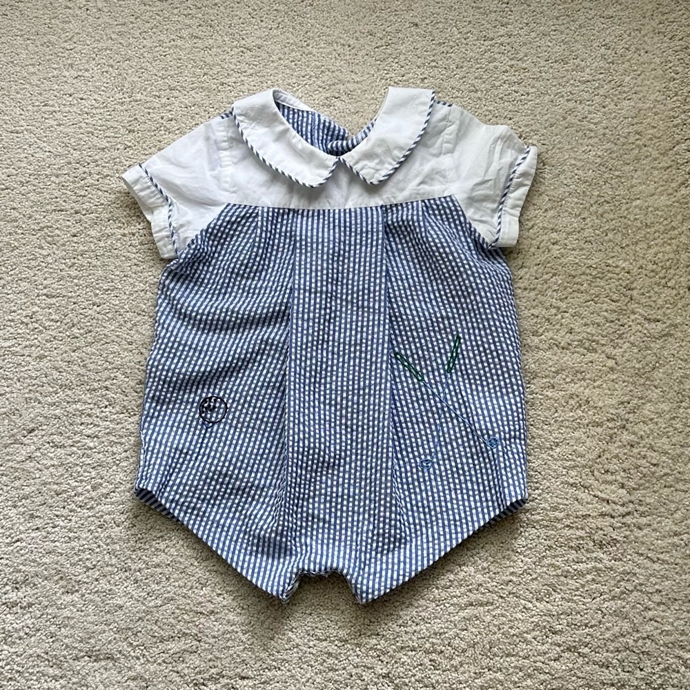12 M Bubble - Golf Embroidered - Seersucker Romper by Sophie & Lucas